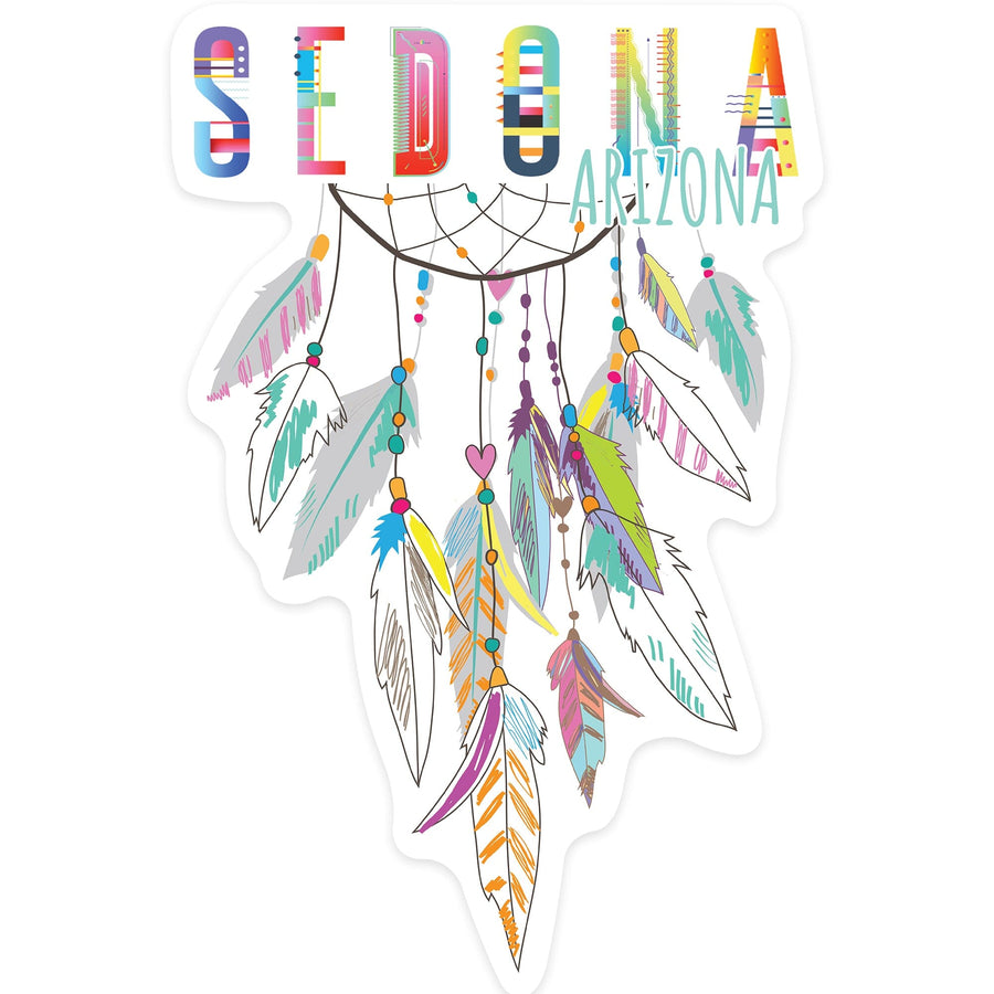 Sedona, Arizona, Colorful Feathers, Dreamcatcher, Contour, Lantern Press Artwork, Vinyl Sticker Sticker Lantern Press 