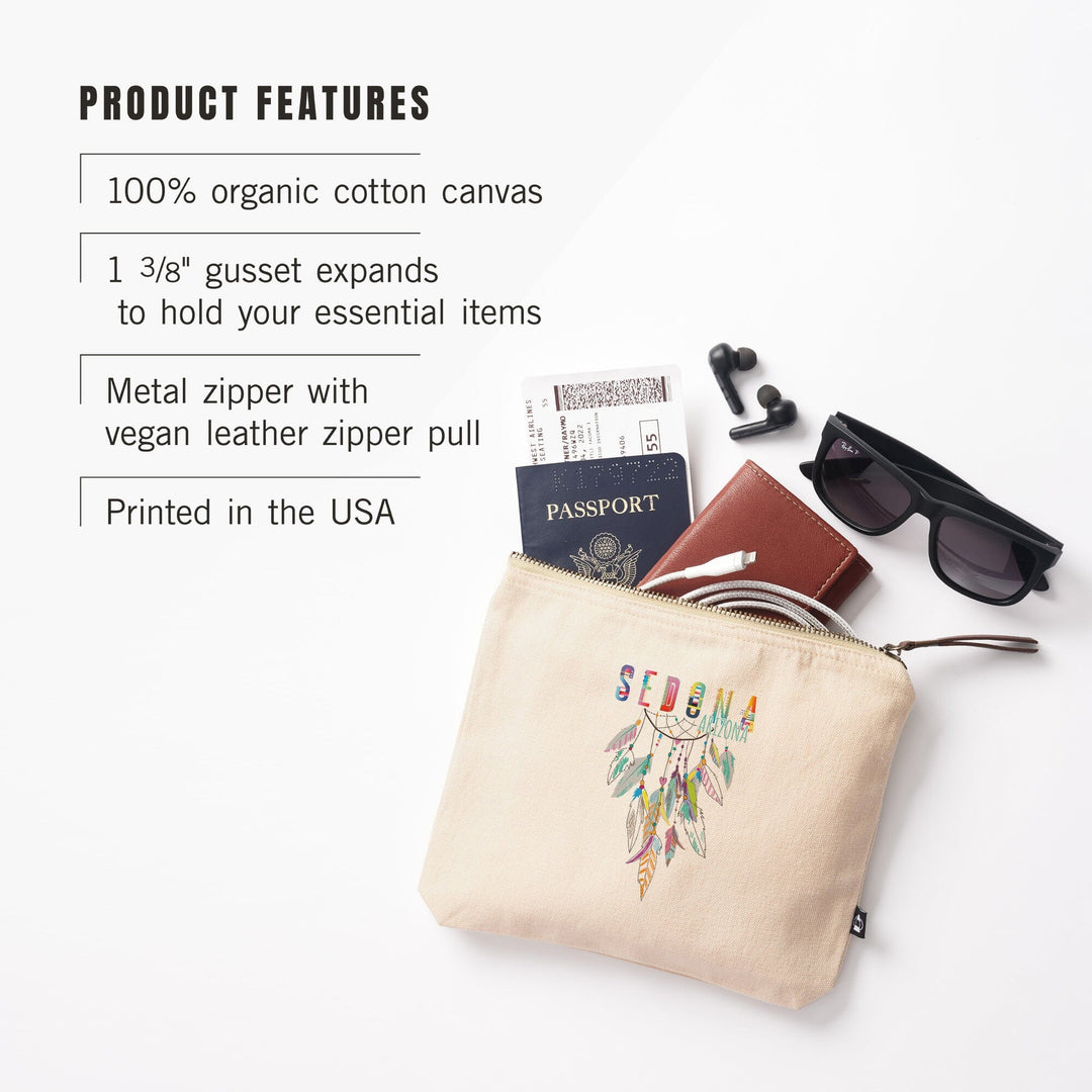 Sedona, Arizona, Colorful Feathers, Dreamcatcher,, Organic Cotton Zipper Pouch, Go Bag Go Bag Lantern Press 
