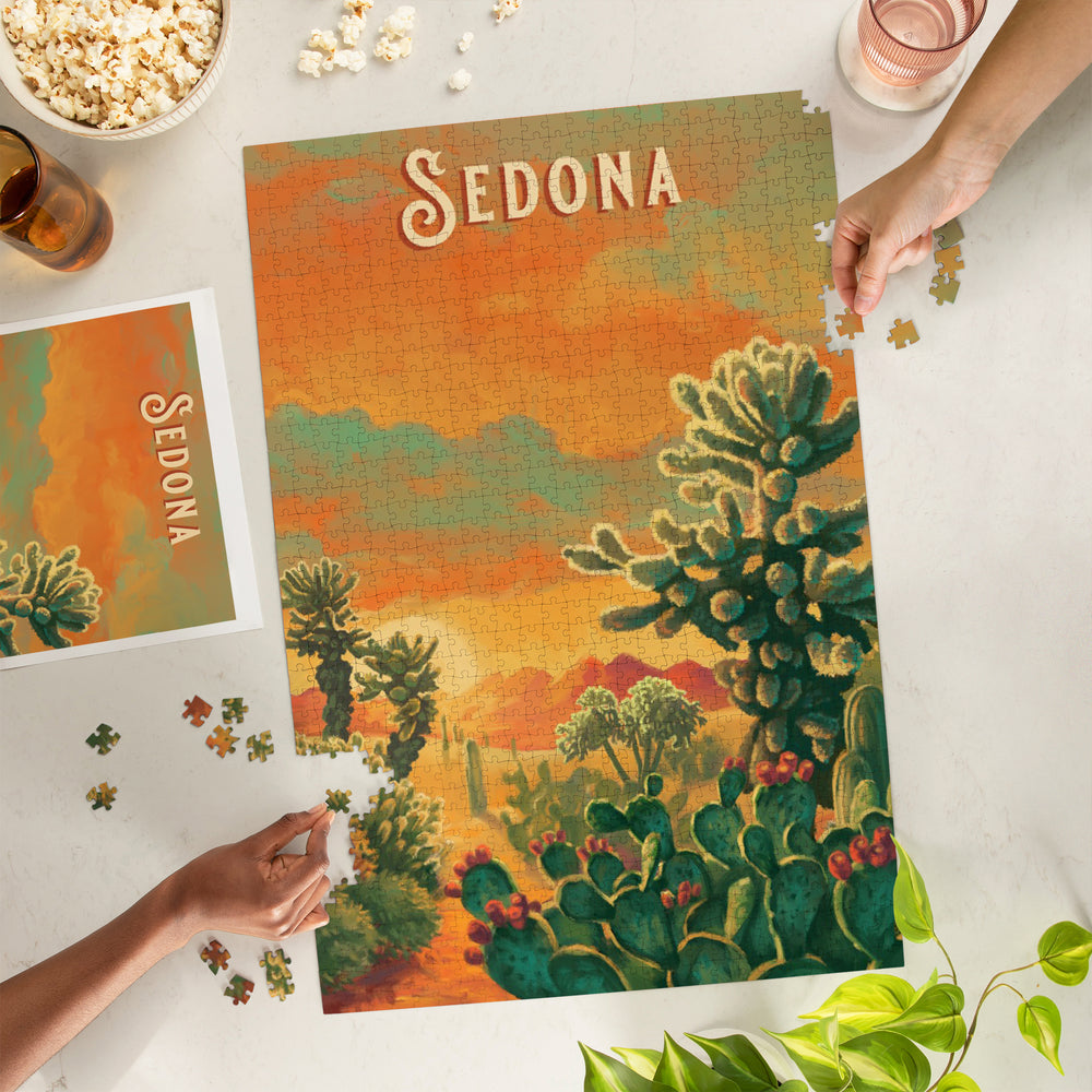 Sedona, Arizona, Oil Painting, Cholla Cactus, Jigsaw Puzzle Puzzle Lantern Press 