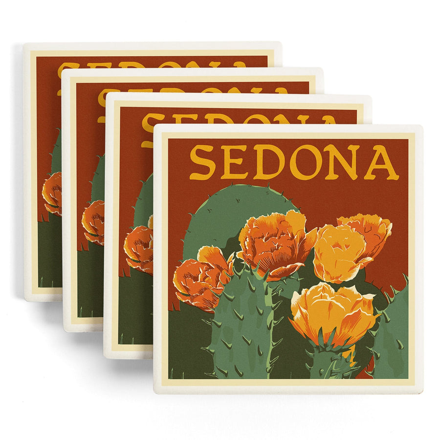 Sedona, Arizona, Prickly Pear Cactus, Letterpress, Lantern Press Artwork, Coaster Set Coasters Lantern Press 