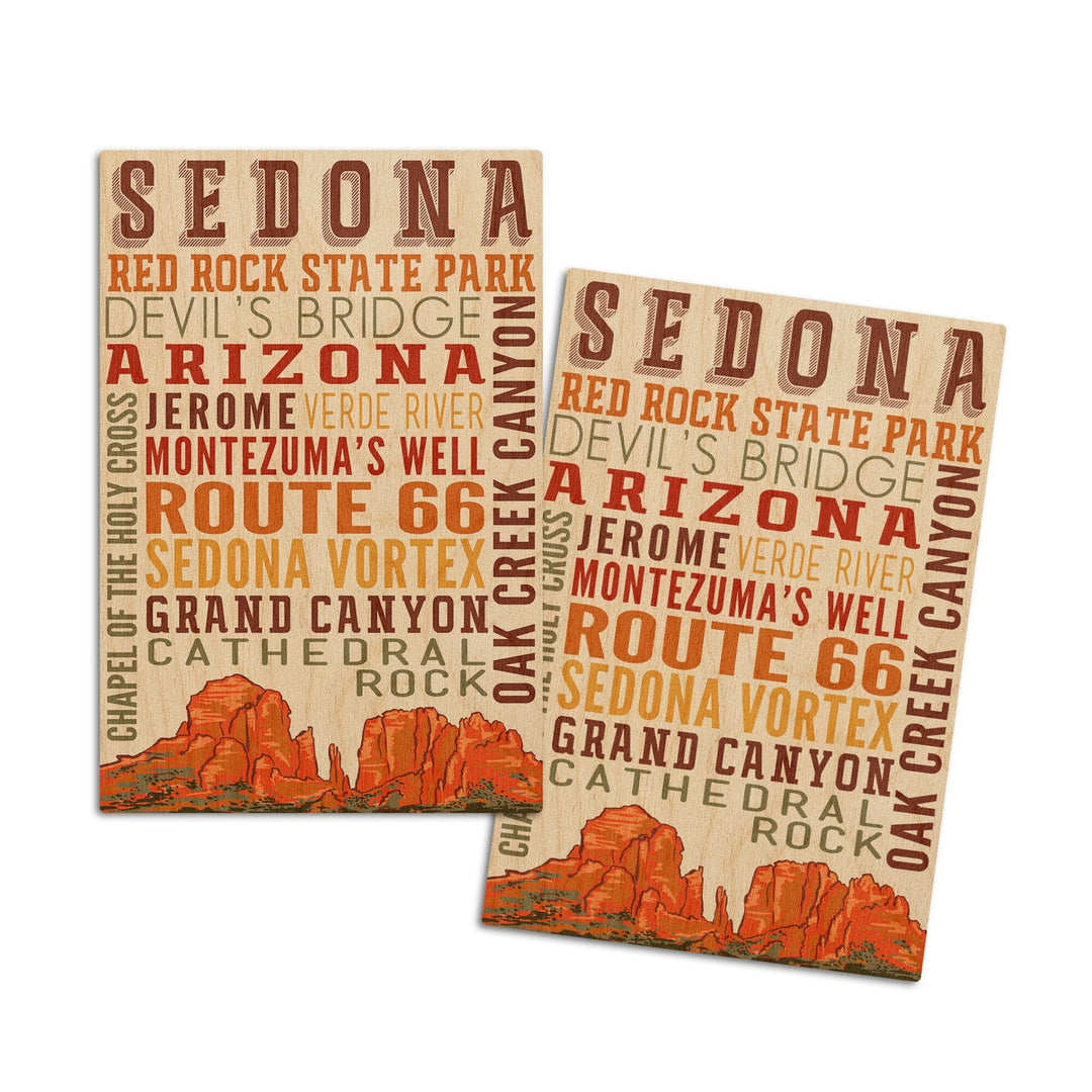 Sedona, Arizona, Typography, Lantern Press Artwork, Wood Signs and Postcards Wood Lantern Press 4x6 Wood Postcard Set 