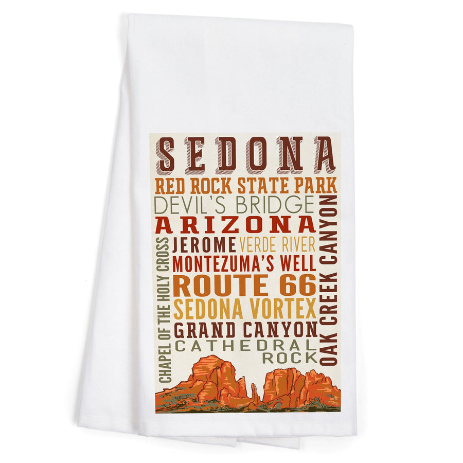 Sedona, Arizona, Typography, Organic Cotton Kitchen Tea Towels Kitchen Lantern Press 