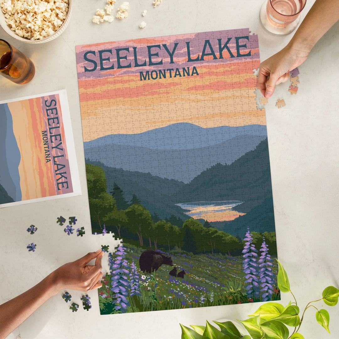 Seeley Lake, Montana, Bear and Spring Flowers, Jigsaw Puzzle Puzzle Lantern Press 