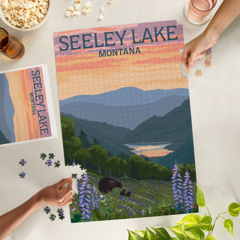 Seeley Lake, Montana, Bear and Spring Flowers, Jigsaw Puzzle Puzzle Lantern Press 