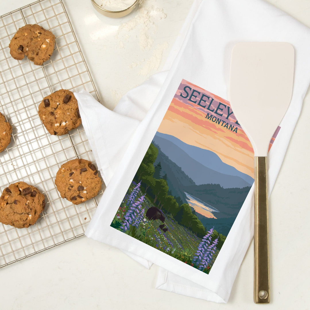 Seeley Lake, Montana, Bear and Spring Flowers, Organic Cotton Kitchen Tea Towels Kitchen Lantern Press 