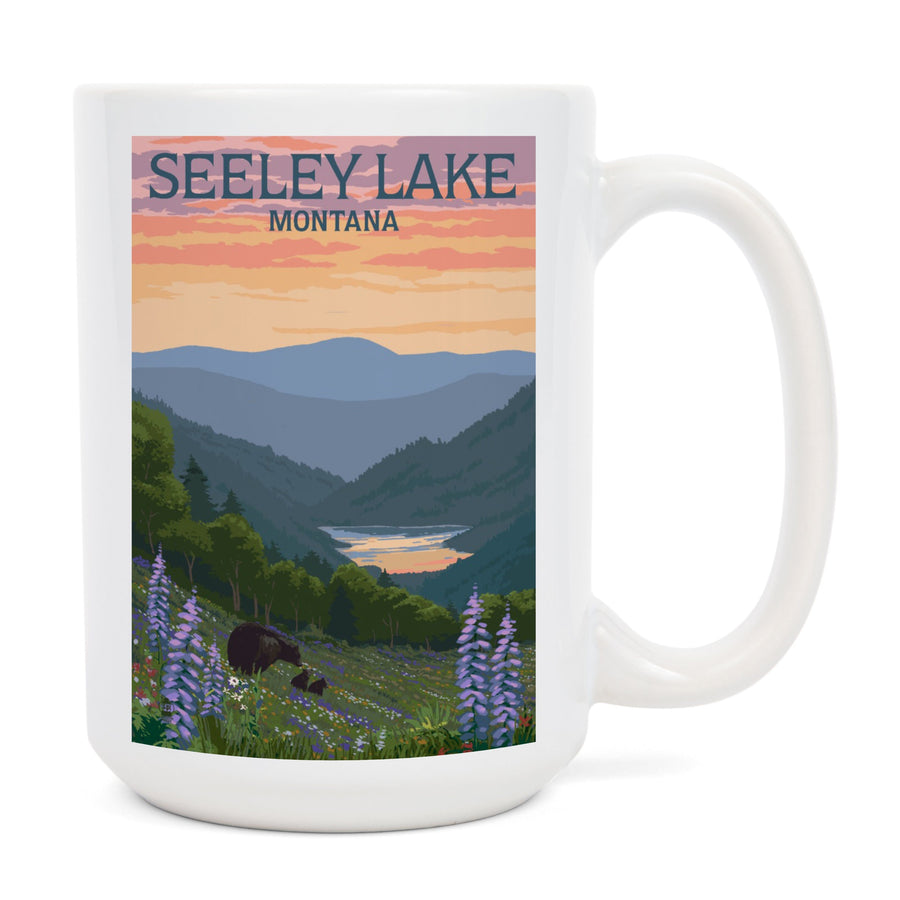 Seeley Lake, Montana, Bear & Spring Flowers, Lantern Press Artwork, Ceramic Mug Mugs Lantern Press 
