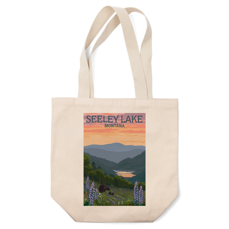 Seeley Lake, Montana, Bear & Spring Flowers, Lantern Press Artwork, Tote Bag Totes Lantern Press 