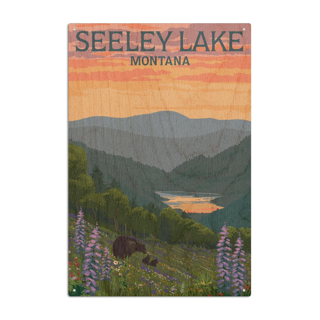 Seeley Lake, Montana, Bear & Spring Flowers, Lantern Press Artwork, Wood Signs and Postcards Wood Lantern Press 10 x 15 Wood Sign 