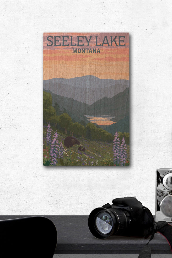 Seeley Lake, Montana, Bear & Spring Flowers, Lantern Press Artwork, Wood Signs and Postcards Wood Lantern Press 12 x 18 Wood Gallery Print 
