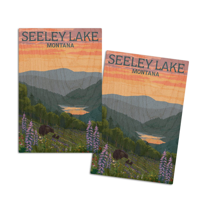 Seeley Lake, Montana, Bear & Spring Flowers, Lantern Press Artwork, Wood Signs and Postcards Wood Lantern Press 4x6 Wood Postcard Set 