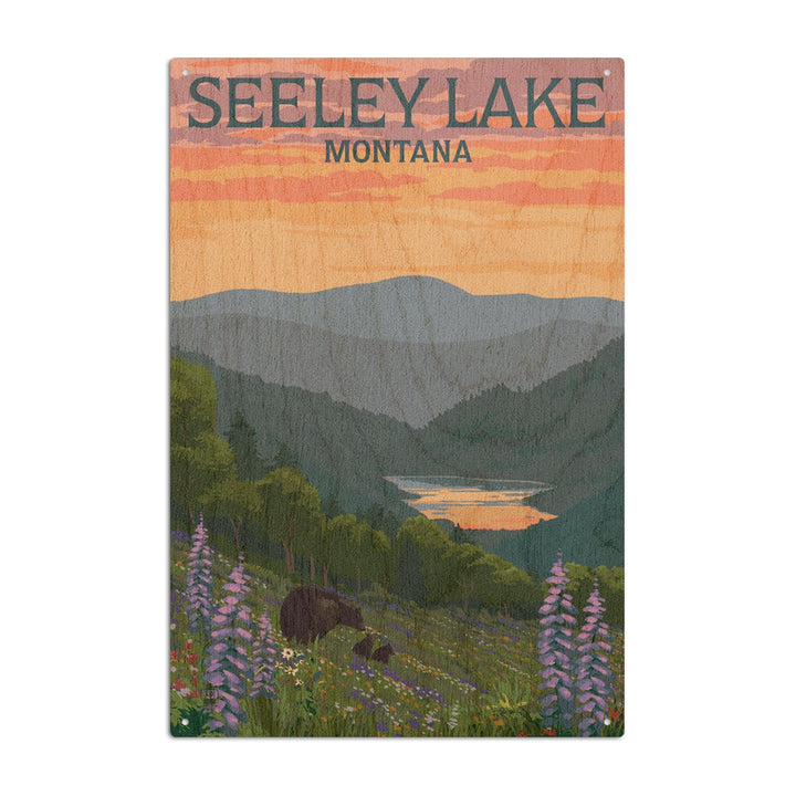 Seeley Lake, Montana, Bear & Spring Flowers, Lantern Press Artwork, Wood Signs and Postcards Wood Lantern Press 6x9 Wood Sign 