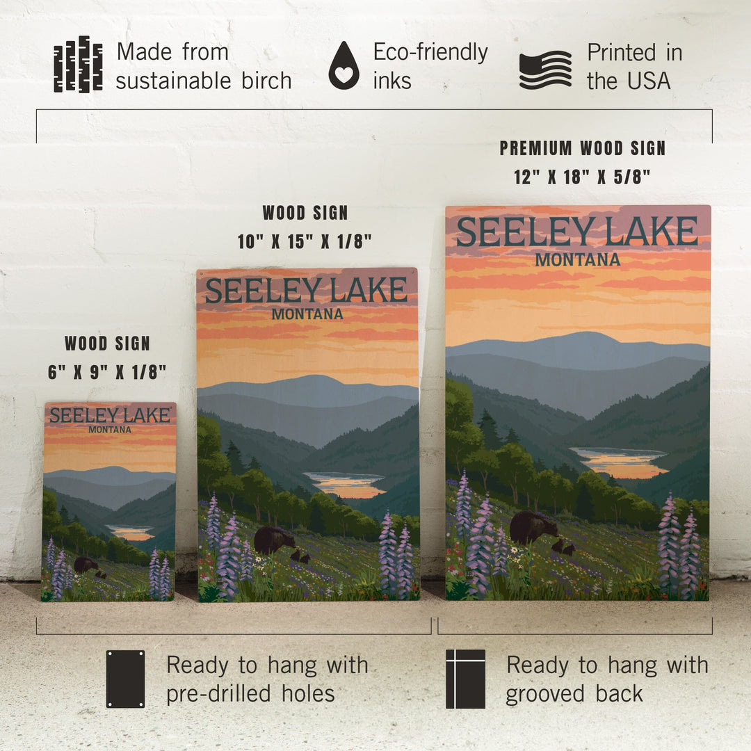 Seeley Lake, Montana, Bear & Spring Flowers, Lantern Press Artwork, Wood Signs and Postcards Wood Lantern Press 