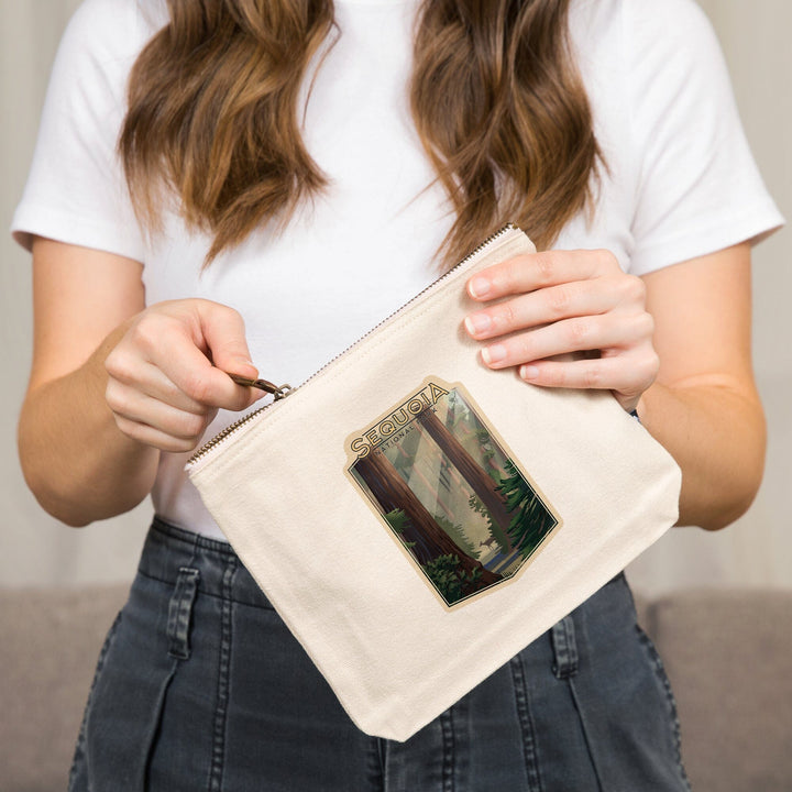 Sequoia National Park, California, Lithograph,, Organic Cotton Zipper Pouch, Go Bag Go Bag Lantern Press 