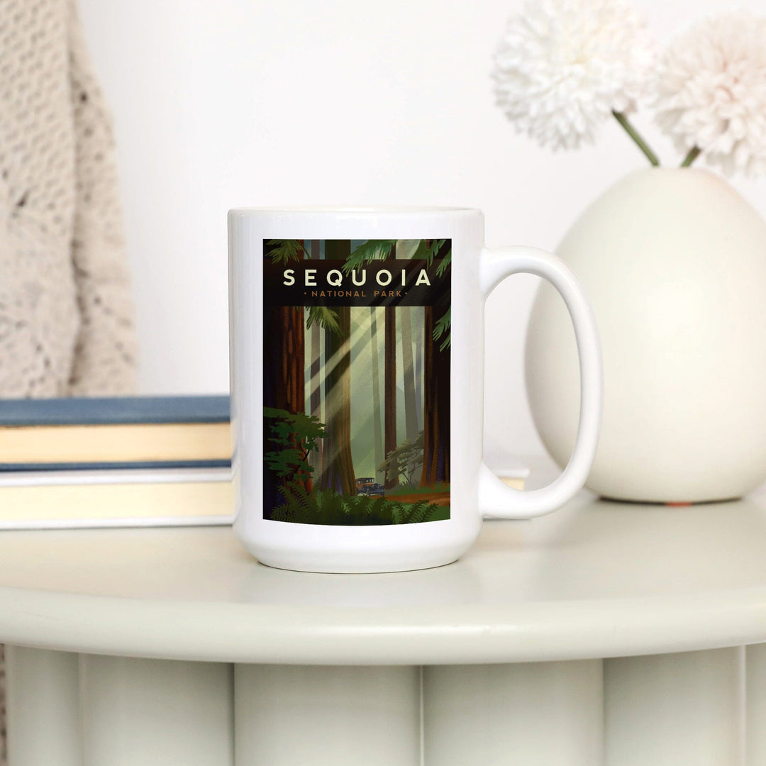 Sequoia National Park, California, Redwood Forest, Geometric Lithograph, Ceramic Mug Mugs Lantern Press 