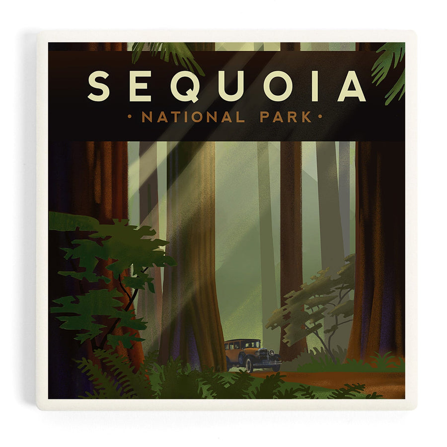 Sequoia National Park, California, Redwood Forest, Geometric Lithograph, Coasters Coasters Lantern Press 