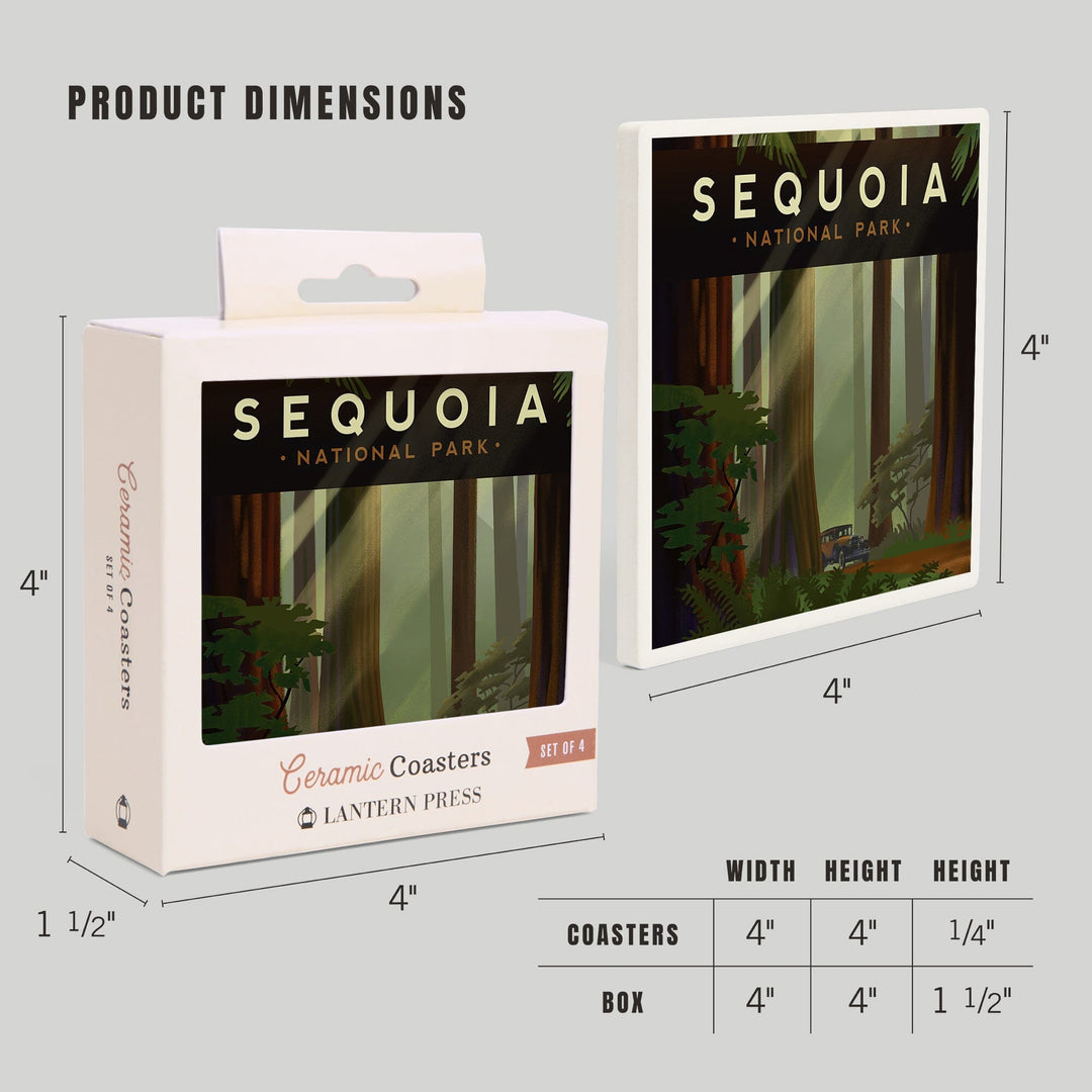 Sequoia National Park, California, Redwood Forest, Geometric Lithograph, Coasters Coasters Lantern Press 