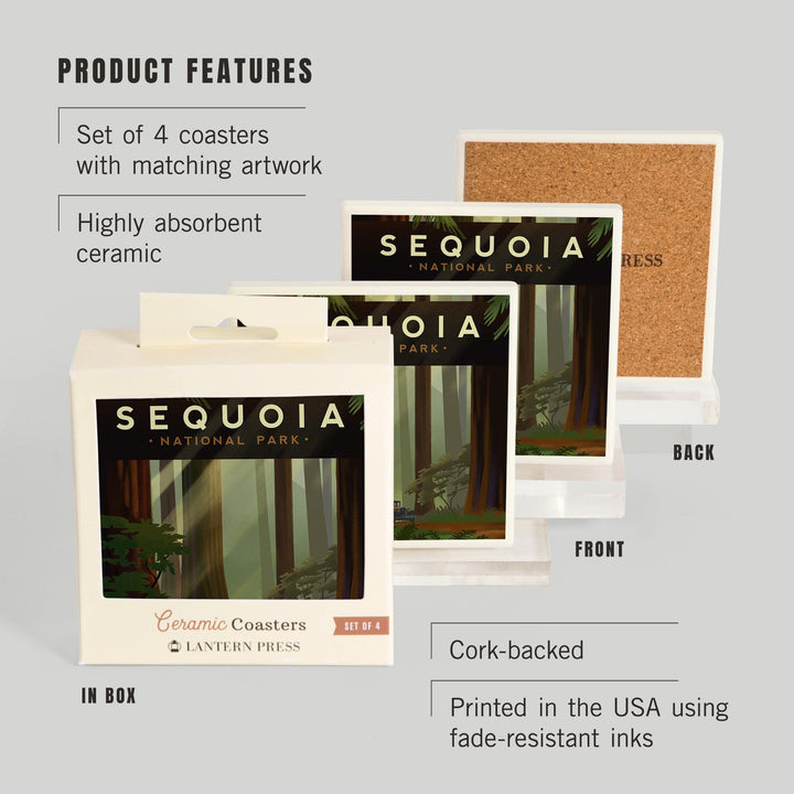 Sequoia National Park, California, Redwood Forest, Geometric Lithograph, Coasters Coasters Lantern Press 