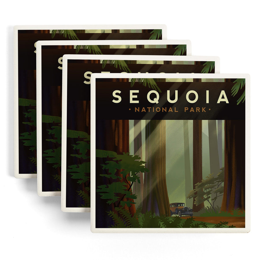 Sequoia National Park, California, Redwood Forest, Geometric Lithograph, Lantern Press Artwork, Coaster Set Coasters Lantern Press 