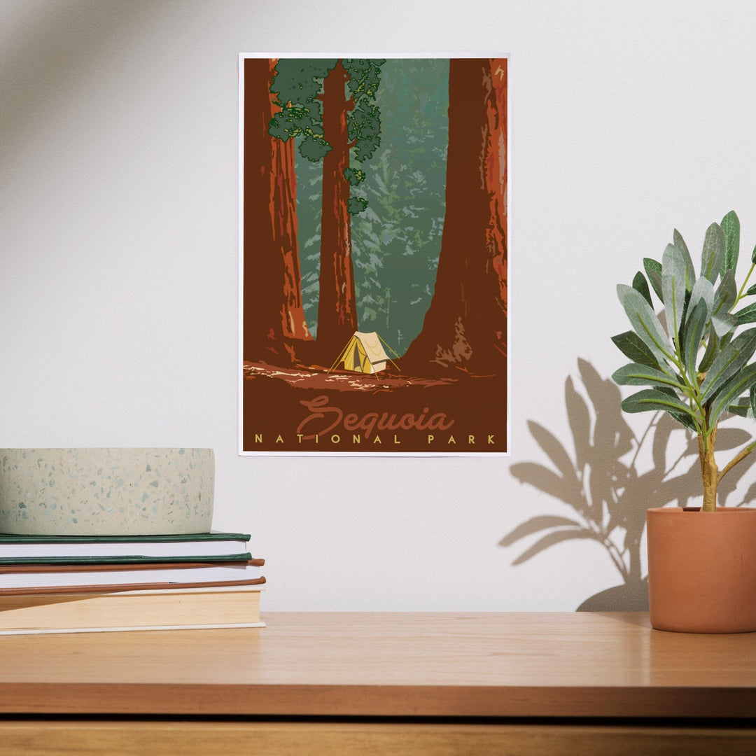 Sequoia National Park, California, Redwood Forest View, Sequoias and Tent, Art & Giclee Prints Art Lantern Press 