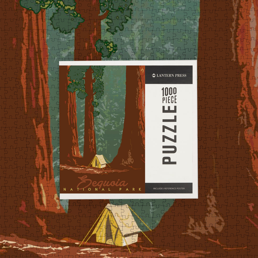 Sequoia National Park, California, Redwood Forest View, Sequoias and Tent, Jigsaw Puzzle Puzzle Lantern Press 