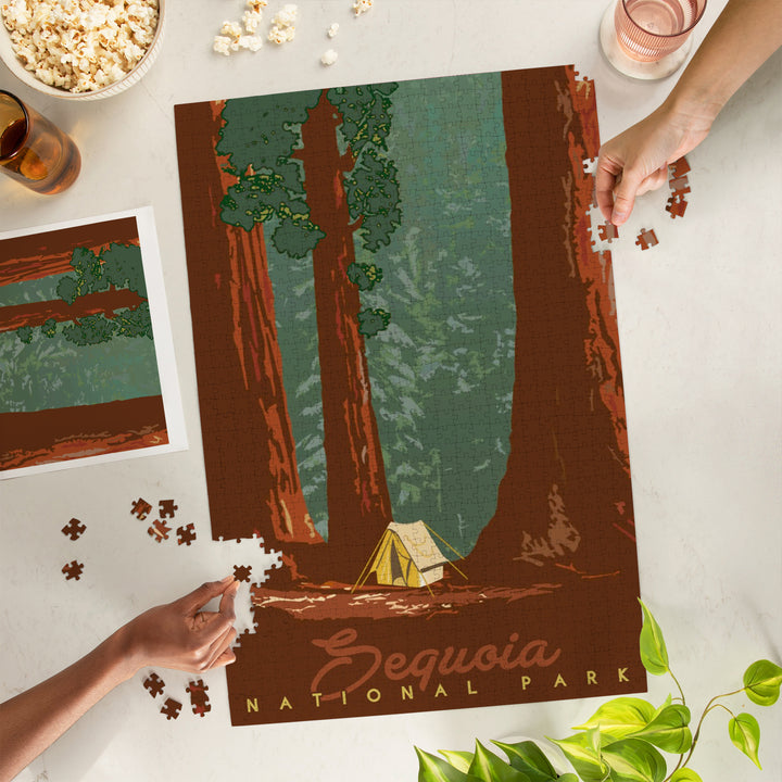Sequoia National Park, California, Redwood Forest View, Sequoias and Tent, Jigsaw Puzzle Puzzle Lantern Press 