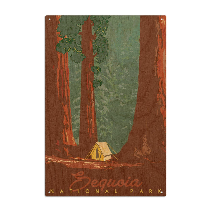 Sequoia National Park, California, Redwood Forest View, Sequoias & Tent, Lantern Press Artwork, Wood Signs and Postcards Wood Lantern Press 10 x 15 Wood Sign 