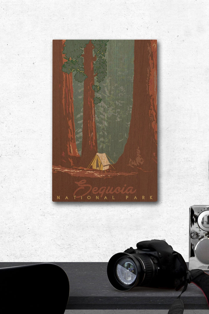 Sequoia National Park, California, Redwood Forest View, Sequoias & Tent, Lantern Press Artwork, Wood Signs and Postcards Wood Lantern Press 12 x 18 Wood Gallery Print 