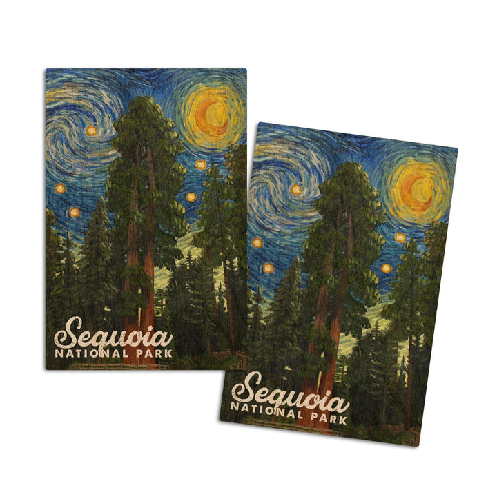 Sequoia National Park, California, Starry Night National Park Series, Lantern Press Artwork, Wood Signs and Postcards Wood Lantern Press 4x6 Wood Postcard Set 