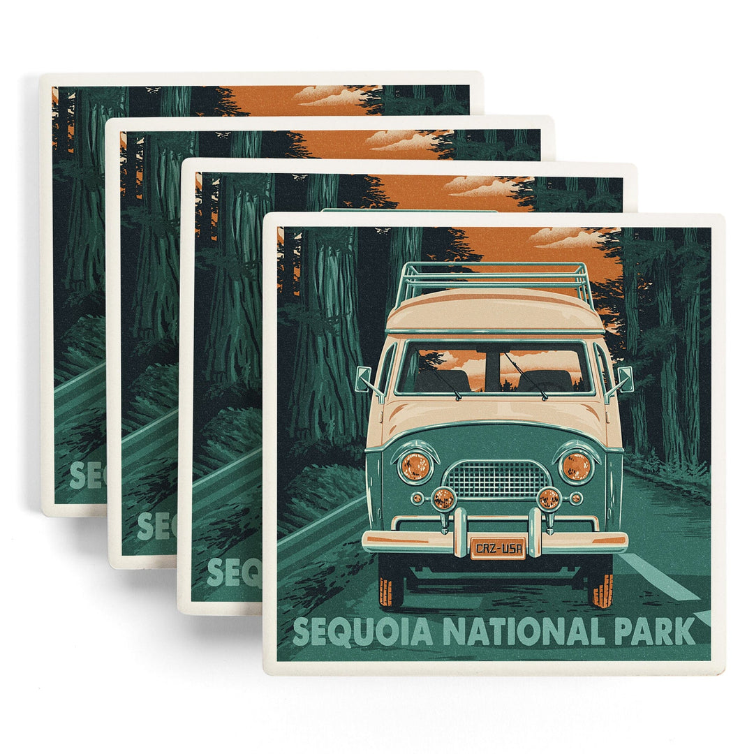 Sequoia National Park, Letterpress, Camper Van, Coasters Coasters Lantern Press 