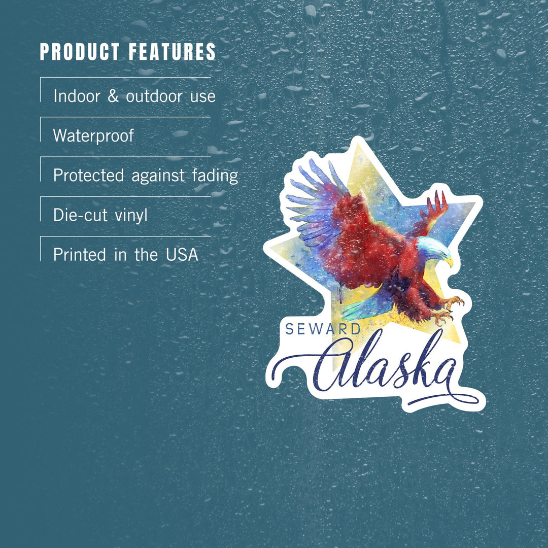 Seward, Alaska, Eagle, Watercolor, Contour, Vinyl Sticker Sticker Lantern Press 