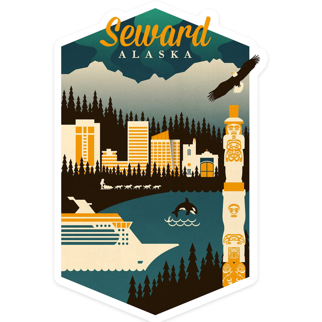 Seward, Alaska, Retro Skyline, Contour, Lantern Press Artwork, Vinyl Sticker Sticker Lantern Press 