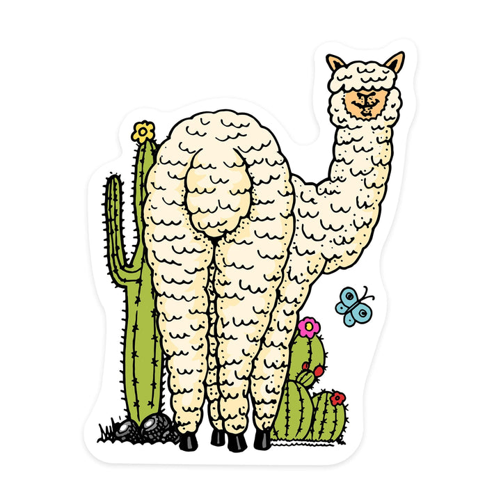 Shaggy Alpaca and Cacti, Vector Doodle, Contour, Artwork, Vinyl Sticker Sticker Lantern Press 