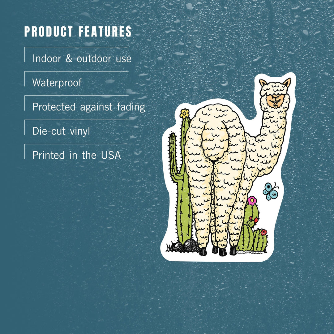 Shaggy Alpaca and Cacti, Vector Doodle, Contour, Artwork, Vinyl Sticker Sticker Lantern Press 