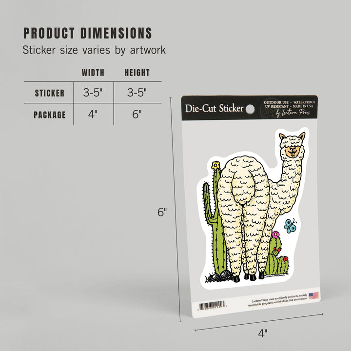 Shaggy Alpaca and Cacti, Vector Doodle, Contour, Artwork, Vinyl Sticker Sticker Lantern Press 