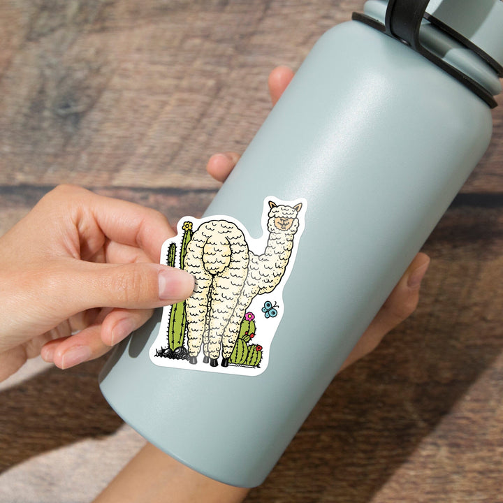 Shaggy Alpaca and Cacti, Vector Doodle, Contour, Artwork, Vinyl Sticker Sticker Lantern Press 