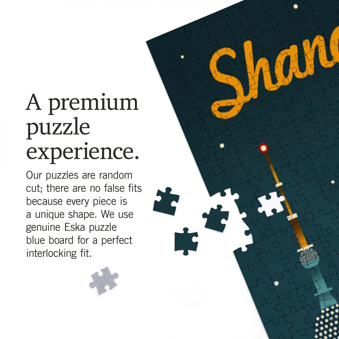 Shanghai, China, Retro Skyline, Jigsaw Puzzle Puzzle Lantern Press 