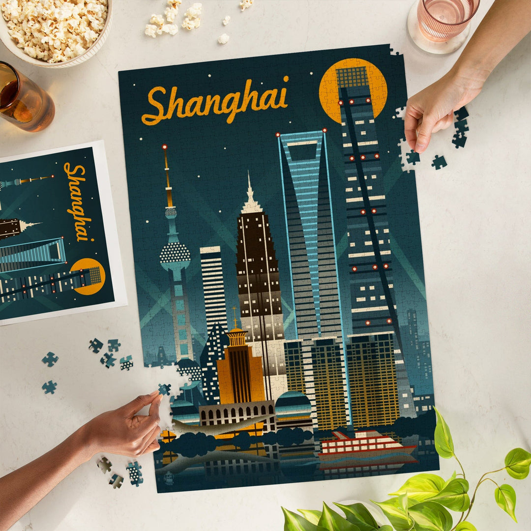 Shanghai, China, Retro Skyline, Jigsaw Puzzle Puzzle Lantern Press 