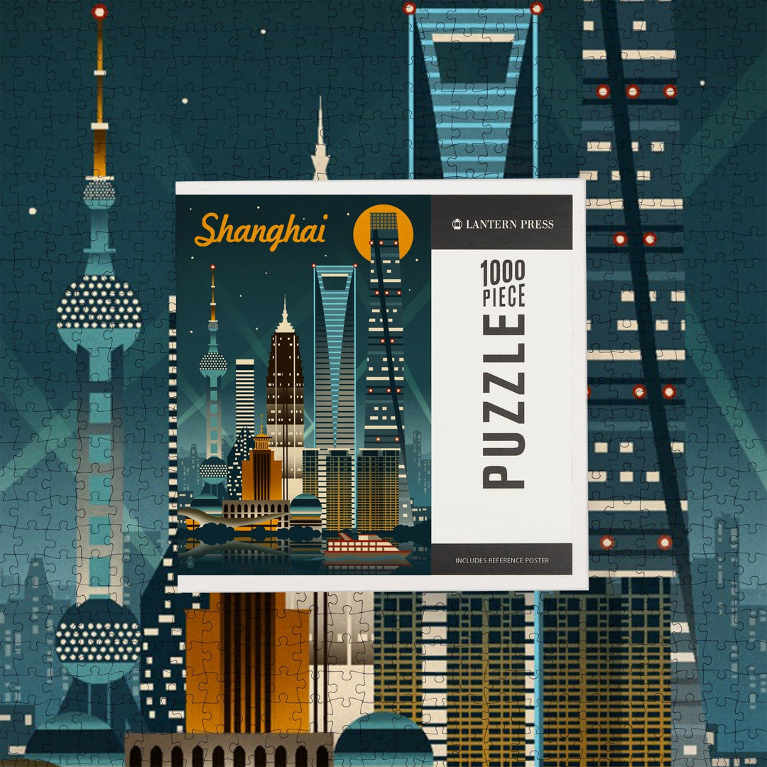 Shanghai, China, Retro Skyline, Jigsaw Puzzle Puzzle Lantern Press 