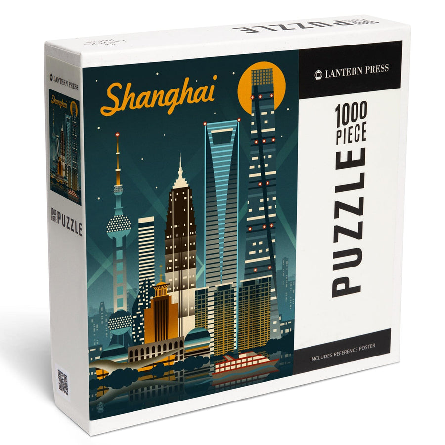 Shanghai, China, Retro Skyline, Jigsaw Puzzle Puzzle Lantern Press 