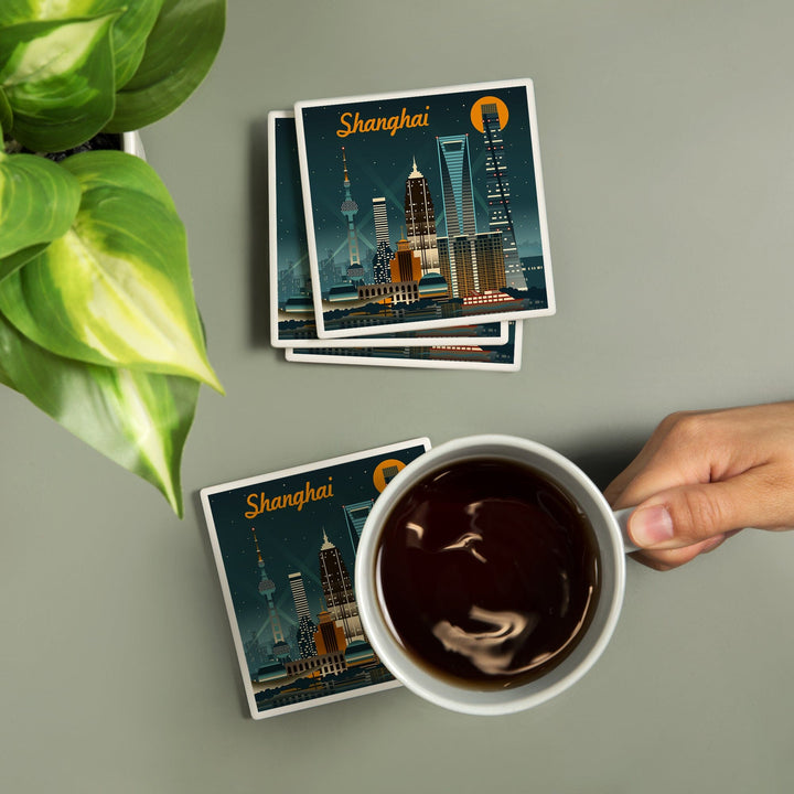 Shanghai, China, Retro Skyline, Lantern Press Artwork, Coaster Set Coasters Lantern Press 