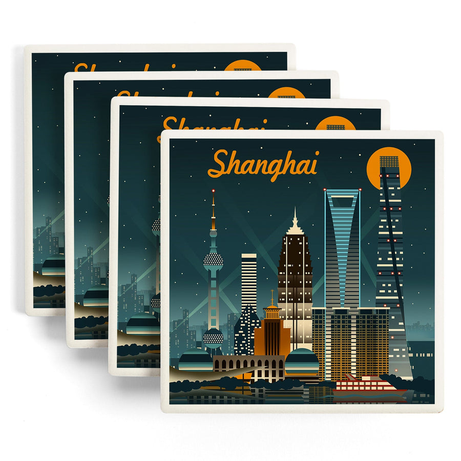 Shanghai, China, Retro Skyline, Lantern Press Artwork, Coaster Set Coasters Lantern Press 