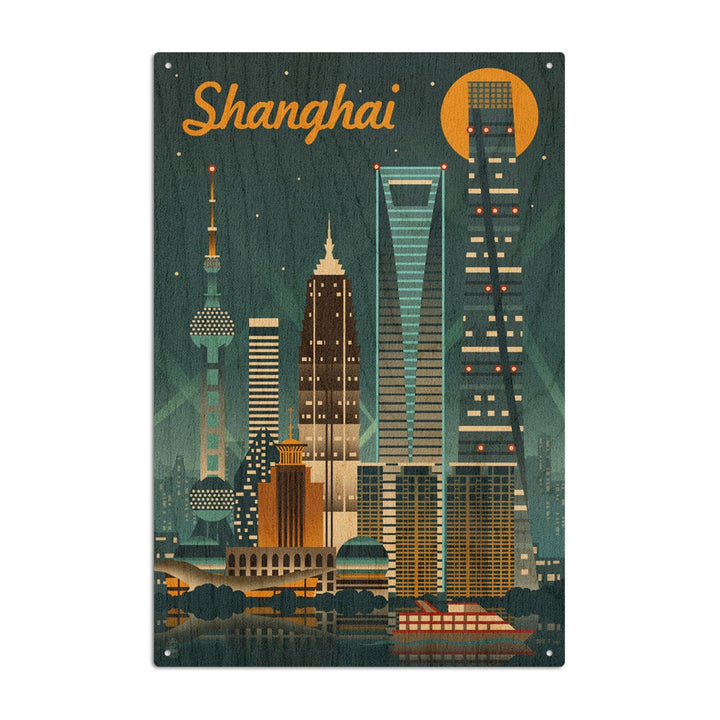 Shanghai, China, Retro Skyline, Lantern Press Artwork, Wood Signs and Postcards Wood Lantern Press 10 x 15 Wood Sign 