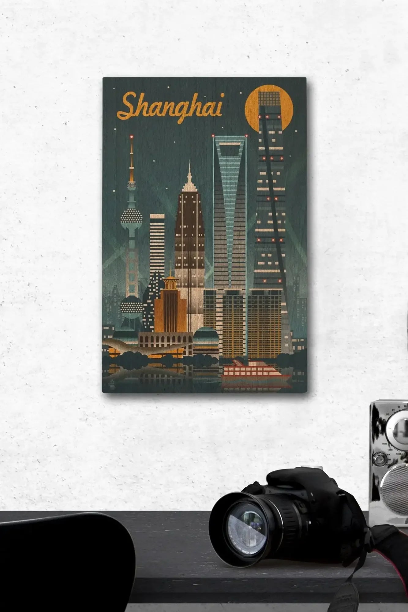 Shanghai, China, Retro Skyline, Lantern Press Artwork, Wood Signs and