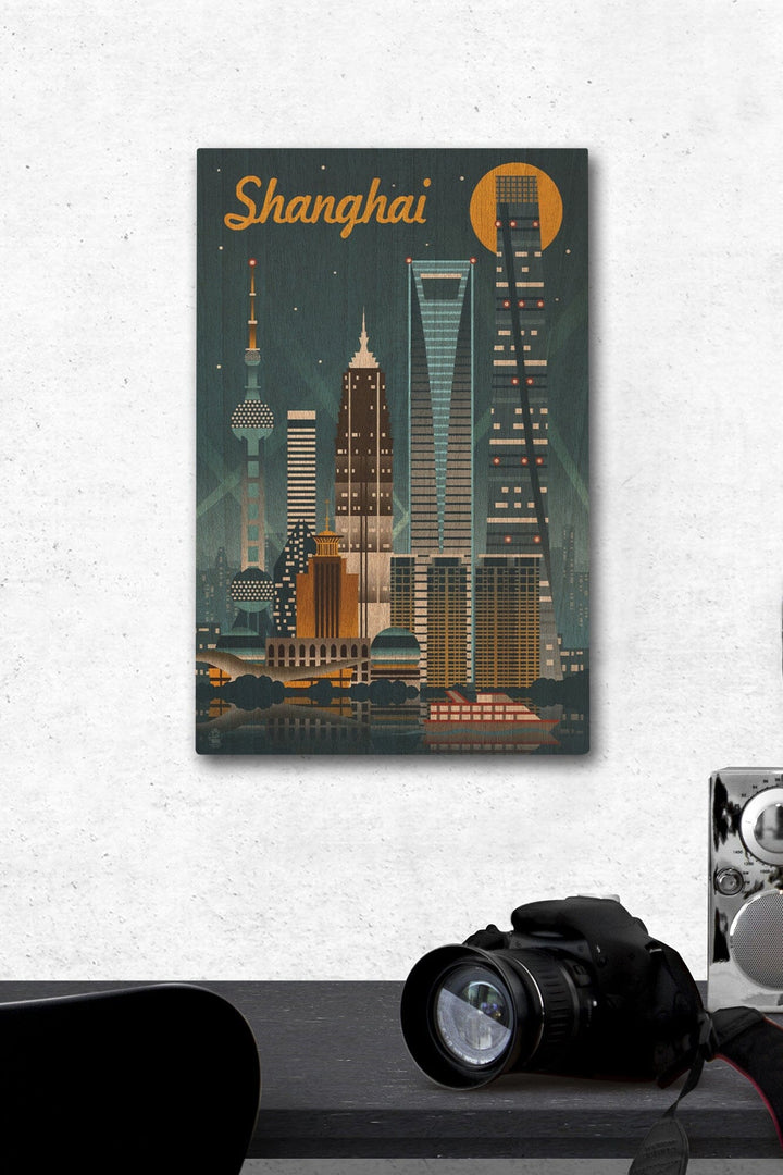 Shanghai, China, Retro Skyline, Lantern Press Artwork, Wood Signs and Postcards Wood Lantern Press 12 x 18 Wood Gallery Print 