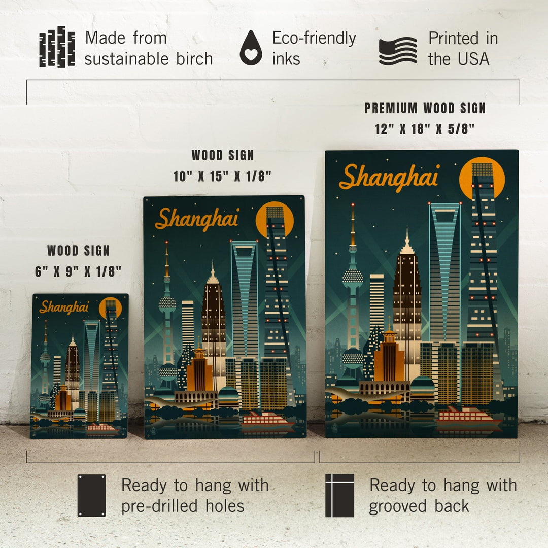 Shanghai, China, Retro Skyline, Lantern Press Artwork, Wood Signs and Postcards Wood Lantern Press 