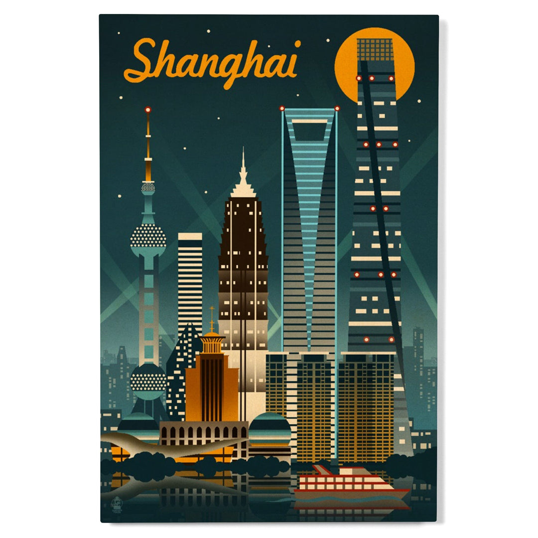 Shanghai, China, Retro Skyline, Lantern Press Artwork, Wood Signs and Postcards Wood Lantern Press 