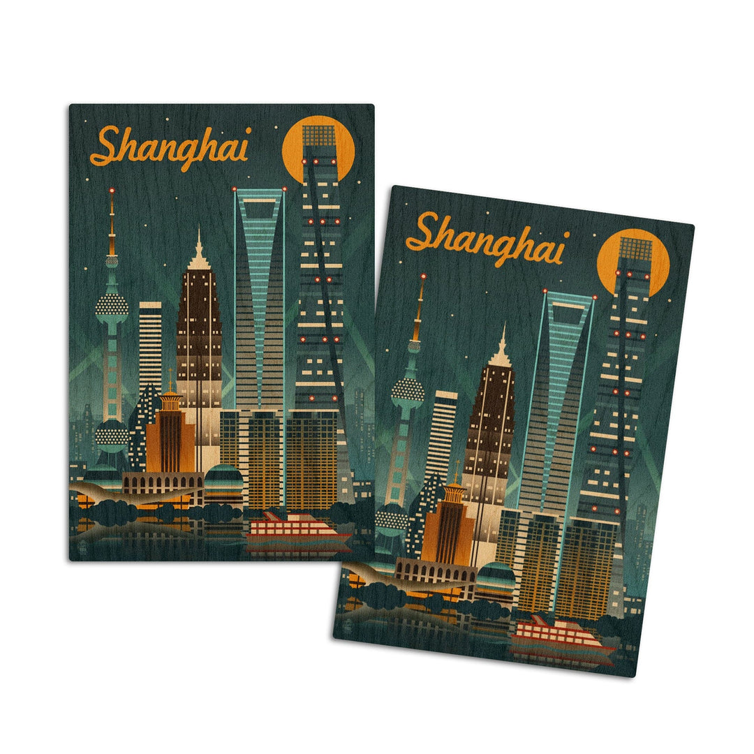Shanghai, China, Retro Skyline, Lantern Press Artwork, Wood Signs and Postcards Wood Lantern Press 4x6 Wood Postcard Set 