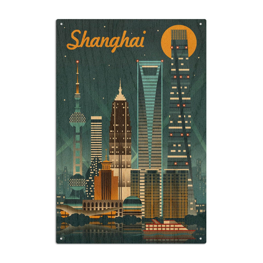 Shanghai, China, Retro Skyline, Lantern Press Artwork, Wood Signs and Postcards Wood Lantern Press 6x9 Wood Sign 