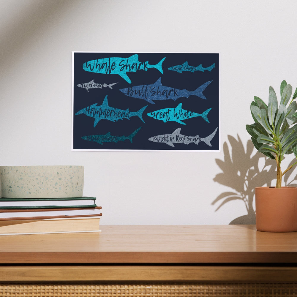 Sharks Pattern, Shark Names, Navy Background, Art & Giclee Prints Art Lantern Press 