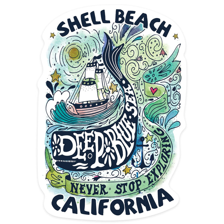 Shell Beach, California, Watercolor Whale, Deep Blue Sea, Nautical Art, Contour, Vinyl Sticker Sticker Lantern Press 